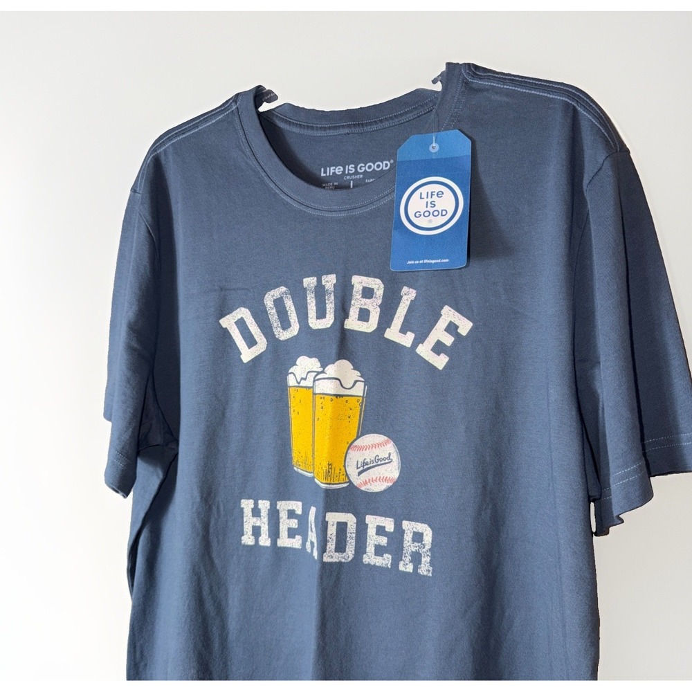 Life is Good Crusher Tee Size L Blue Baseball & Beer "Double Header" Tee